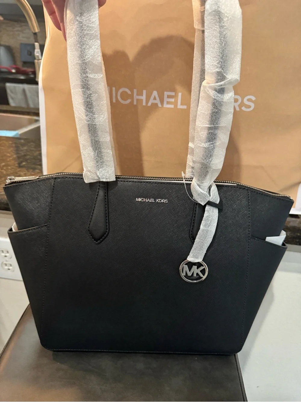 Michael Kors Black Saffiano Tote with Gold Logo Charm